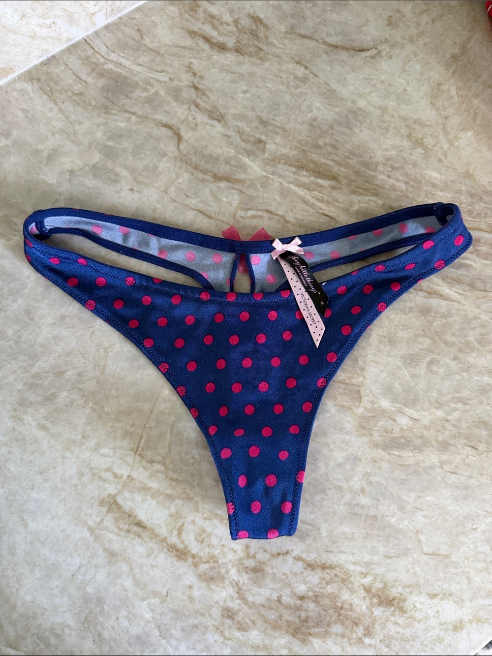 Victoria's Secret Navy Blue Bikini Bottom with Pink Polka Dots. Size: Small